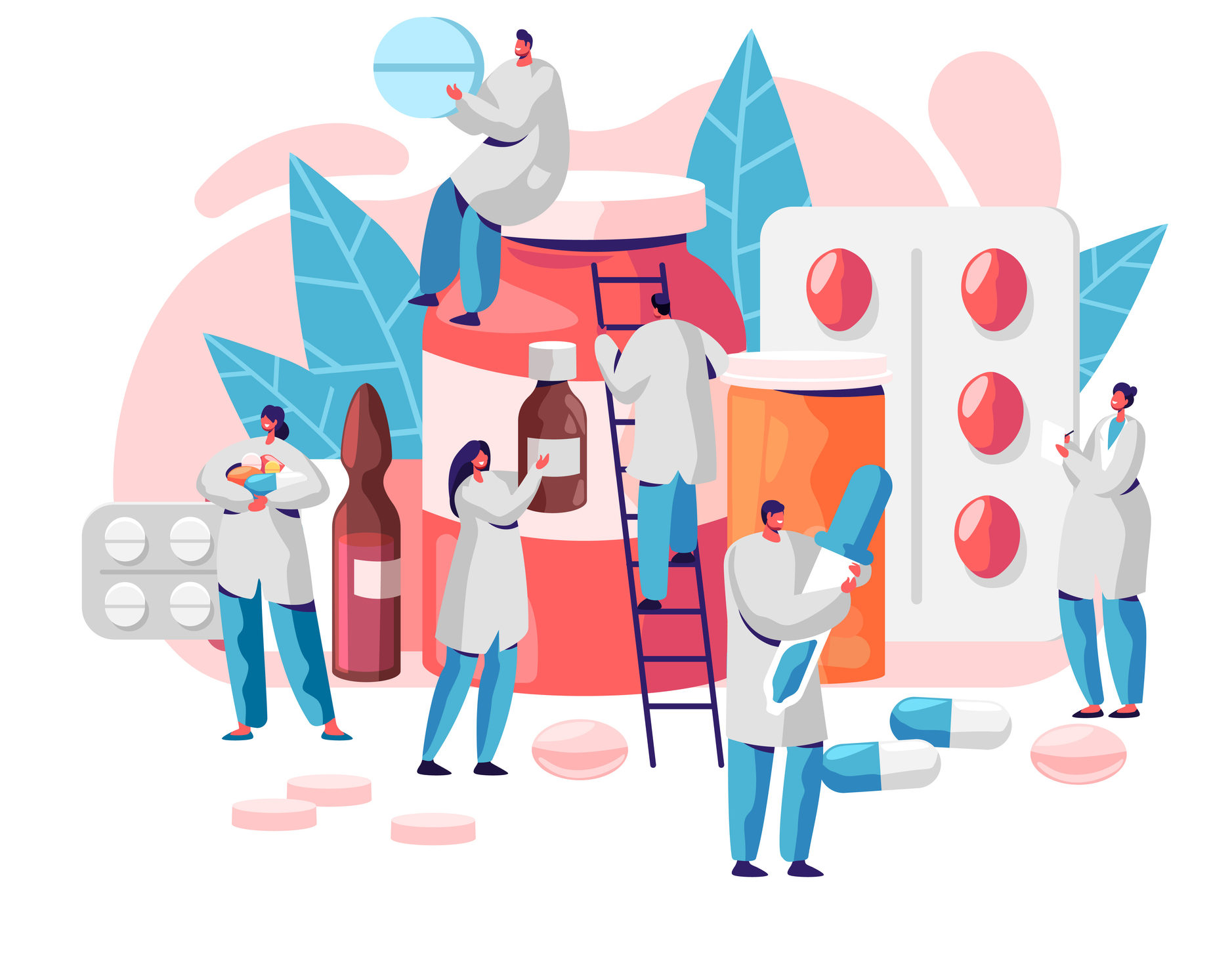 Pharmacy Business Medicine Drug Store Character. Pharmacist Care for Patient. Professional Pharmaceutical Science. Online Pill Drugstore Infographic Background. Flat Cartoon Vector Illustration