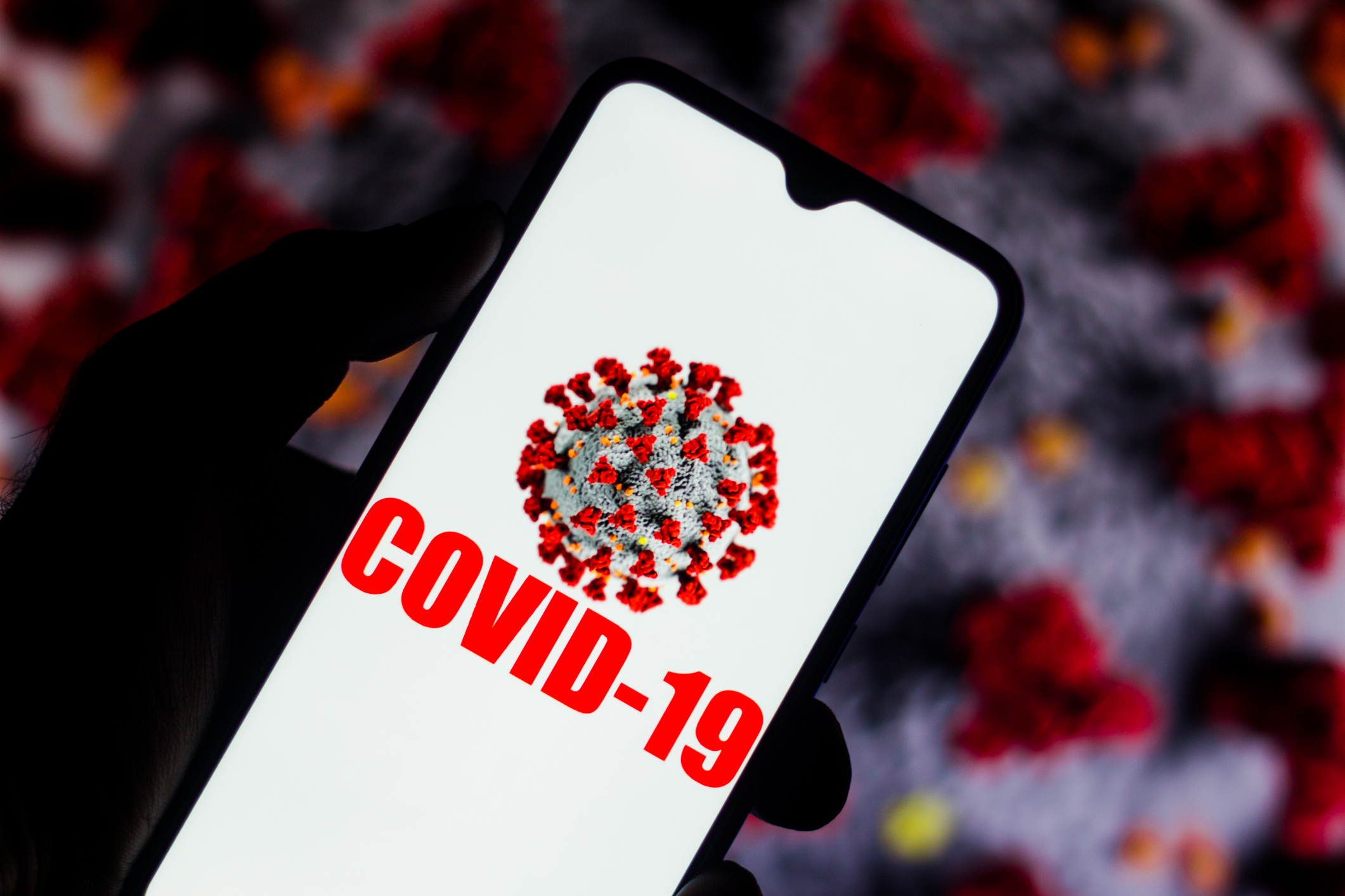 In this photo illustration the Covid-19 virus is displayed on the smartphone screen. Coronavirus appears in the background.