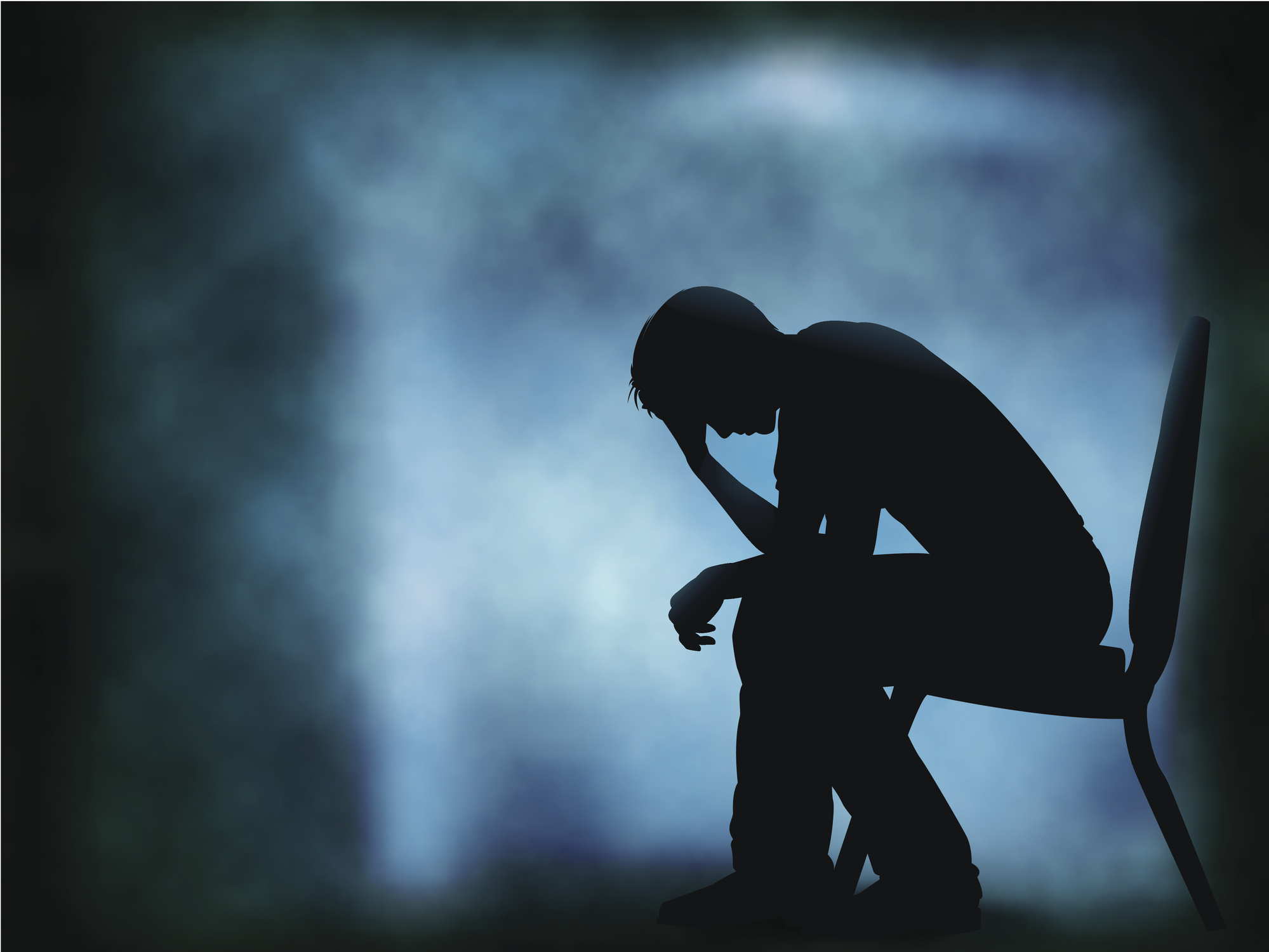 Editable vector of man on chair with head in hand