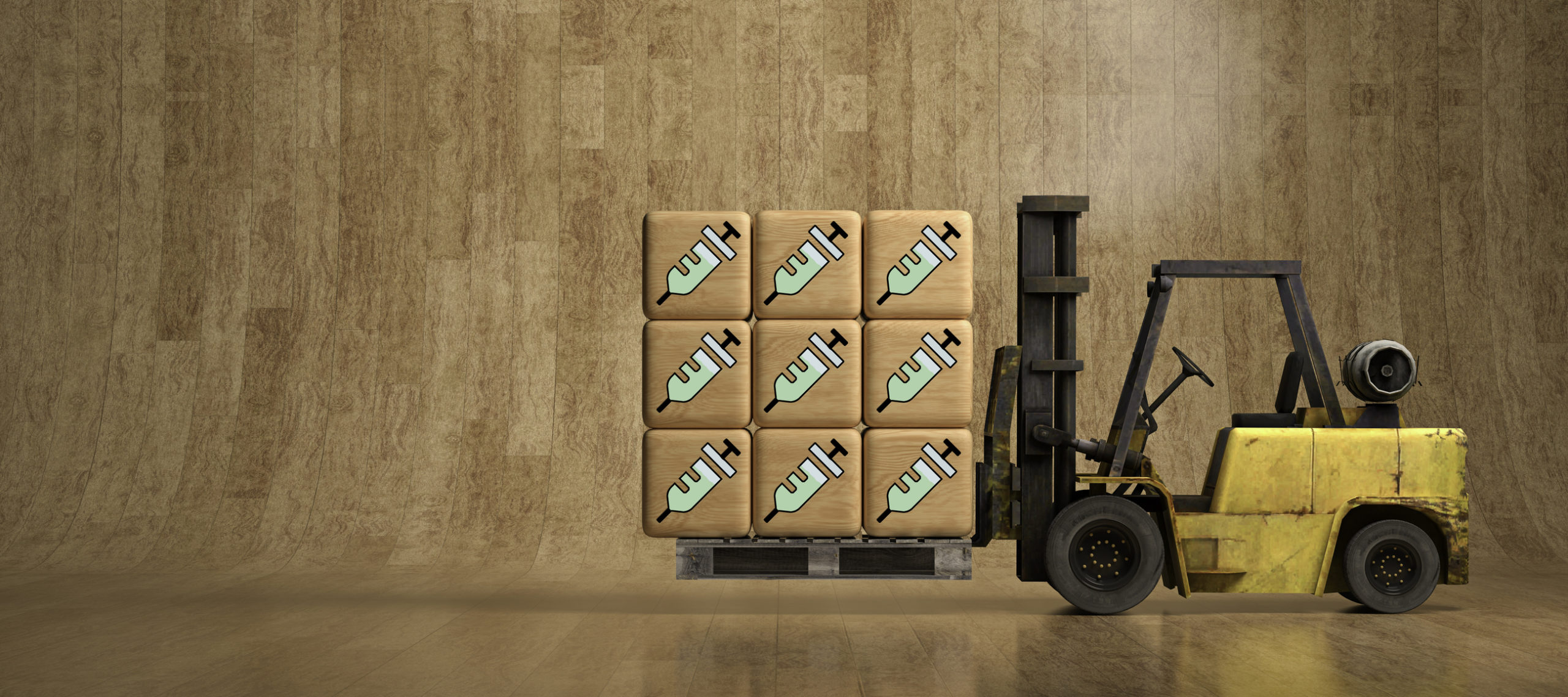forklift with wooden boxes and vaccination icons - 3D rendered illustration